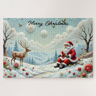 Santa and His Reindeer in Snowy Landscape Jigsaw Puzzle