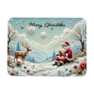 Santa and His Reindeer in Snowy Landscape Magnet