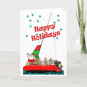 Santa and His Reindeer Sailing at Christmas Holiday Card