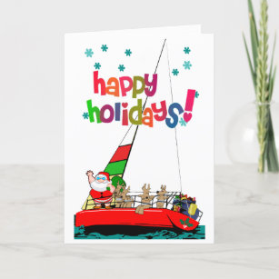 Santa and His Reindeer Sailing at Christmas Holiday Card