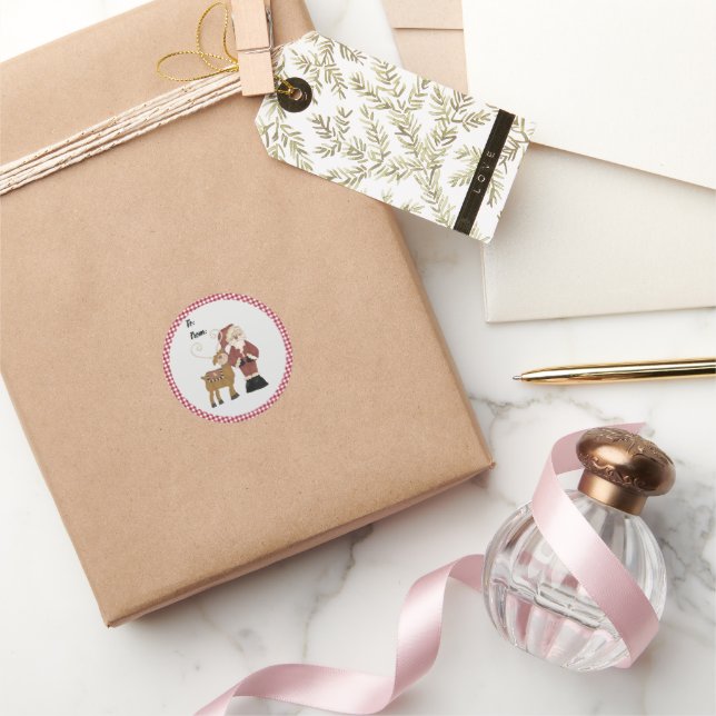 Santa and his Reindeer With Gingham Check Classic Round Sticker (Gifting)