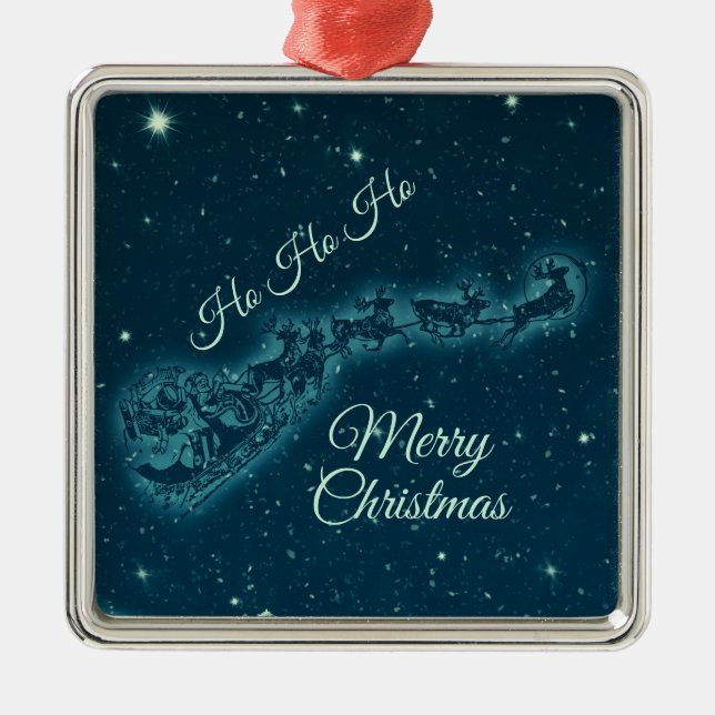 Santa and his Reindeers Christmas Night Sky Metal Ornament (Front)
