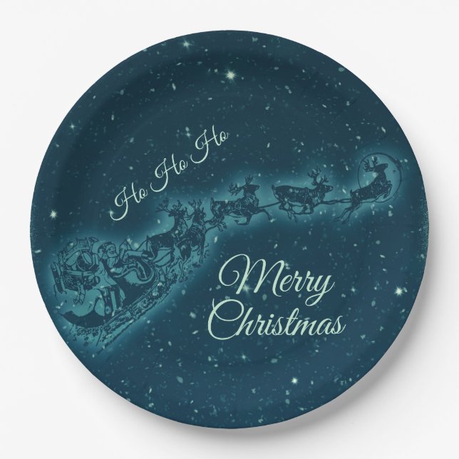 Santa and his Reindeers Christmas Night Sky Paper Plates (Front)