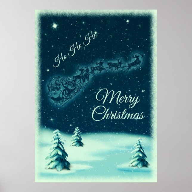 Santa and his Reindeers Christmas Night Sky Poster (Front)