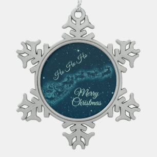 Santa and his Reindeers Christmas Night Sky Snowflake Pewter Christmas Ornament