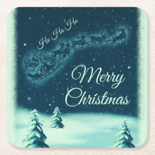 Santa and his Reindeers Christmas Night Sky Square Paper Coaster
