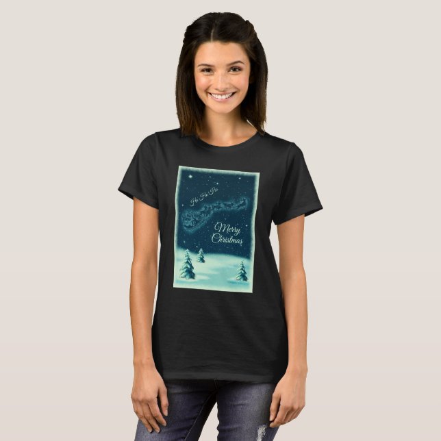Santa and his Reindeers Christmas Night Sky T-Shirt (Front Full)
