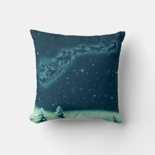 Santa and his Reindeers Christmas Night Sky Throw Pillow