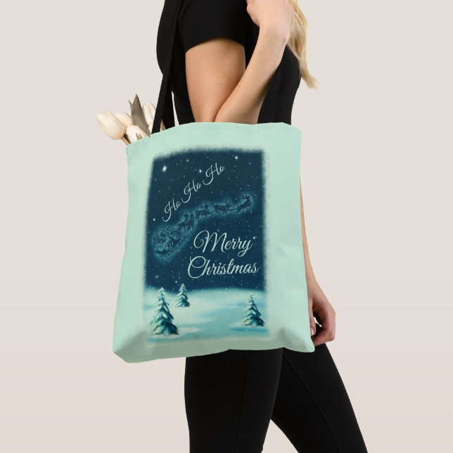 Santa and his Reindeers Christmas Night Sky Tote Bag (Close Up)