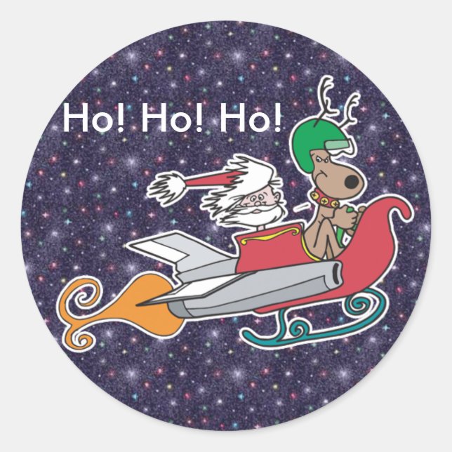 Santa and his Rocket Sleigh Classic Round Sticker (Front)