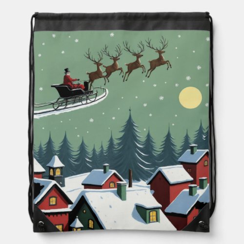 Santa and His Sleigh Drawstring Bag