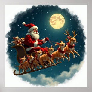 Santa And His Sleigh Pulled By Chihuahua Crew Poster