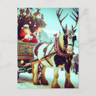 Santa and His Wagon Horse With Antlers Postcard