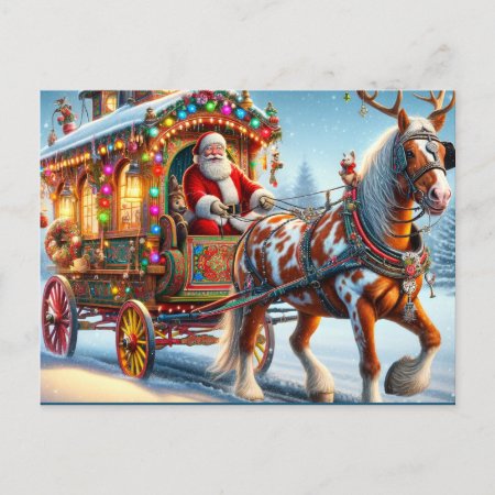 Santa And Irish Cob Horse With Antlers Postcard