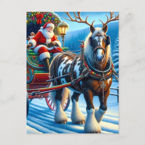 Santa and Irish Cob Horse With Antlers Postcard