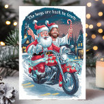 Santa and Jesus on a Motorcycle Funny Christmas Holiday Card<br><div class="desc">Spread some holiday cheer with this hilarious Christmas card featuring Santa and Jesus cruising on a motorcycle with the phrase "The boys are back in town." This festive and fun illustration captures the spirit of the season with a humorous twist, making it a perfect card for anyone who enjoys a...</div>