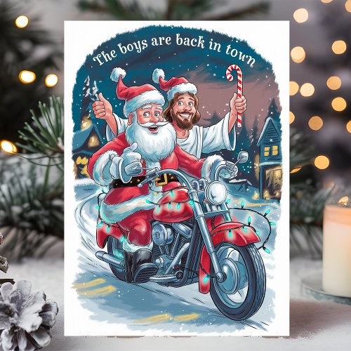 Santa And Jesus On A Motorcycle Funny Christmas Holiday Card