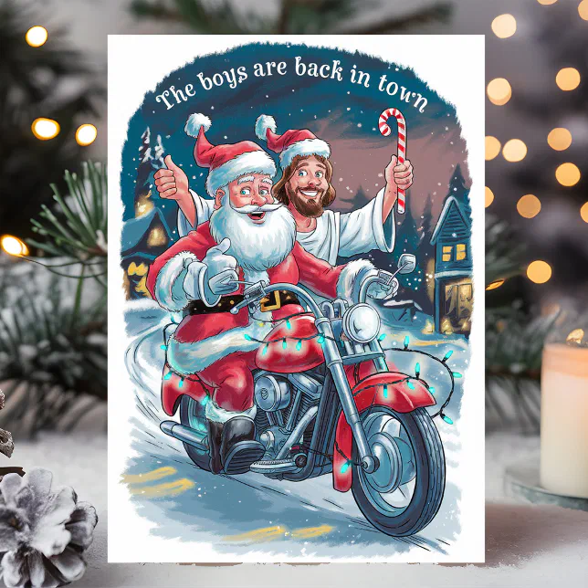 Santa and Jesus on a Motorcycle Funny Christmas Holiday Card Zazzle