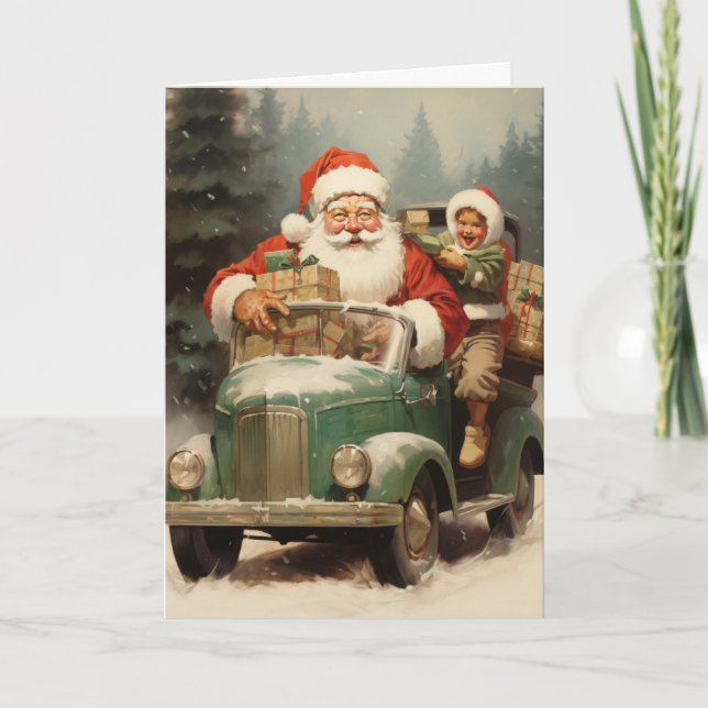 Santa and Kid in a Small Green Car with Gifts Card (Front)