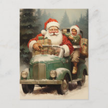 Santa and Kid in a Small Green Car with Gifts