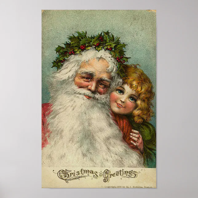 Santa and Little Girl Christmas Greetings Card Poster | Zazzle