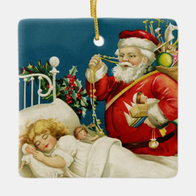 Santa and Little Sleeping Girl Christmas Ceramic Ornament (Front)