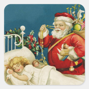 Santa and Little Sleeping Girl Christmas Square Sticker