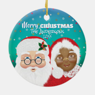 Santa and Mrs Claus Biracial Christmas Ceramic Ornament