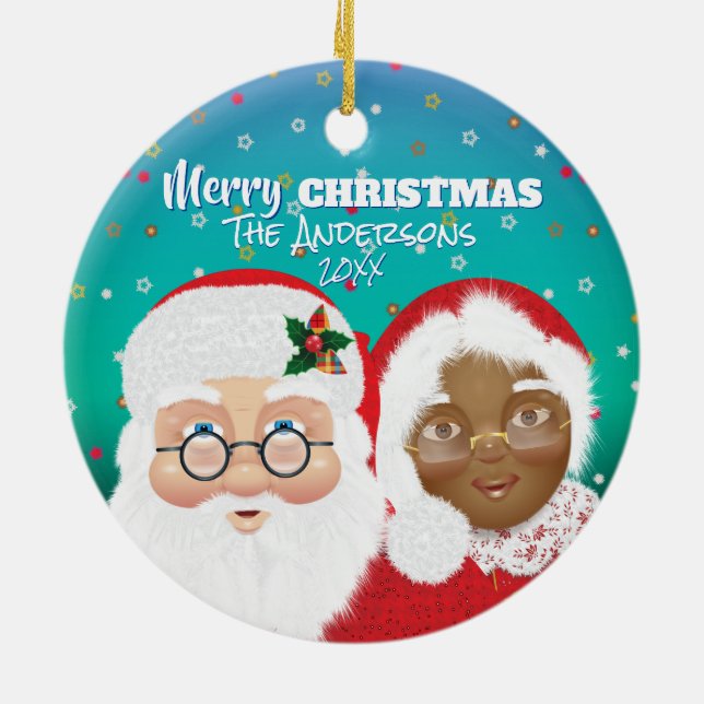 Santa and Mrs Claus Biracial Christmas Ceramic Ornament (Back)