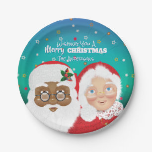 Santa and Mrs Claus Biracial Christmas Holiday Paper Plates