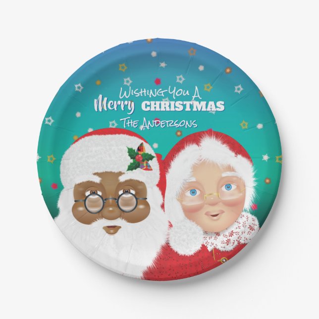 Santa and Mrs Claus Biracial Christmas Holiday Paper Plates (Front)