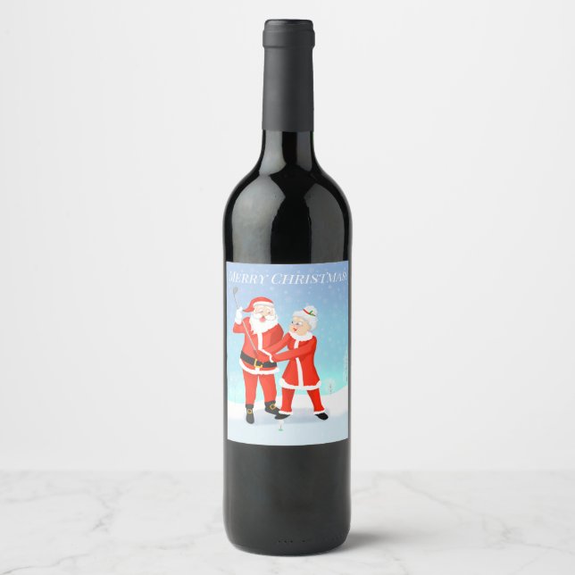 Santa and Mrs. Claus Golf Swing Wine Label (Front)