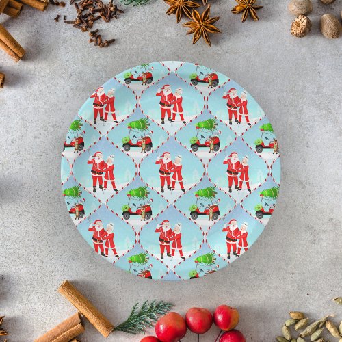 Santa And  Mrs Claus Golfing Ogee Pattern Paper Plates