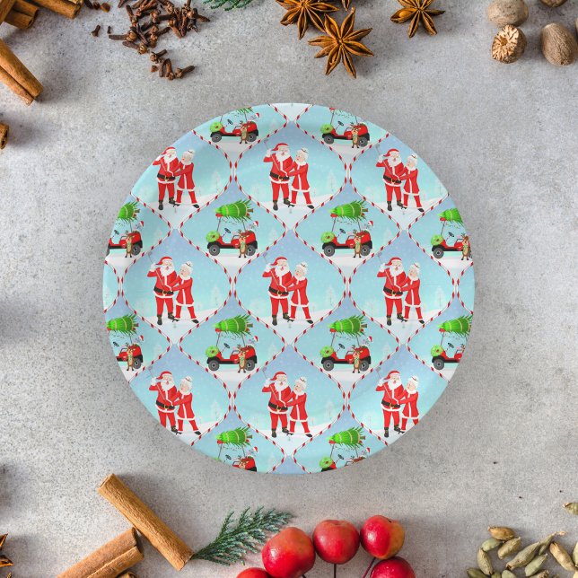 Santa And  Mrs. Claus Golfing Ogee Pattern Paper Plates (Festive Feasting: Santa, Mrs. Claus, Reindeer, and Golf Cart Delight!)