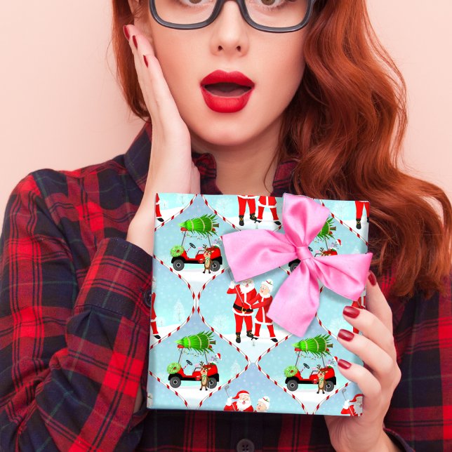 Santa And  Mrs. Claus Golfing Ogee Pattern Wrapping Paper Sheets (Festive Fun: Santa, Mrs. Claus, Reindeer, and Golf Cart Delight!)