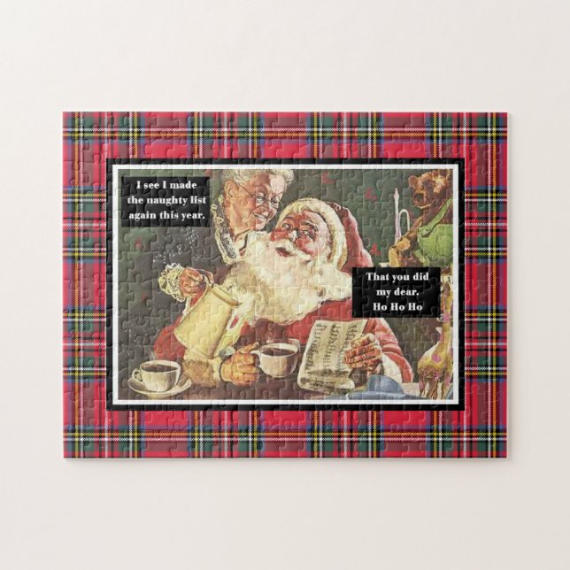 Santa and Mrs. Claus Naughty List Funny Plaid Jigsaw Puzzle (Horizontal)