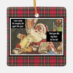 Santa and Mrs. Claus Naughty Vintage Funny Plaid Ceramic Ornament