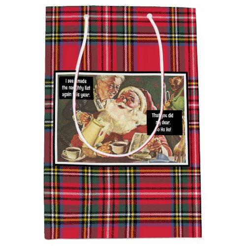 Santa and Mrs Claus Naughty Vintage Funny Plaid Medium Gift Bag