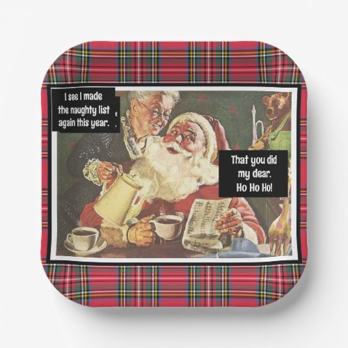 Santa and Mrs Claus Naughty Vintage Funny Plaid Paper Plates