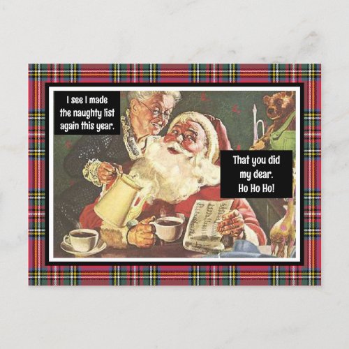 Santa and Mrs Claus Naughty Vintage Funny Plaid Postcard