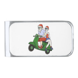 Santa and Mrs. Claus riding a scooter Silver Finish Money Clip