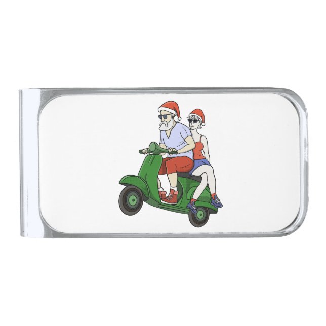 Santa and Mrs. Claus riding a scooter Silver Finish Money Clip (Front)