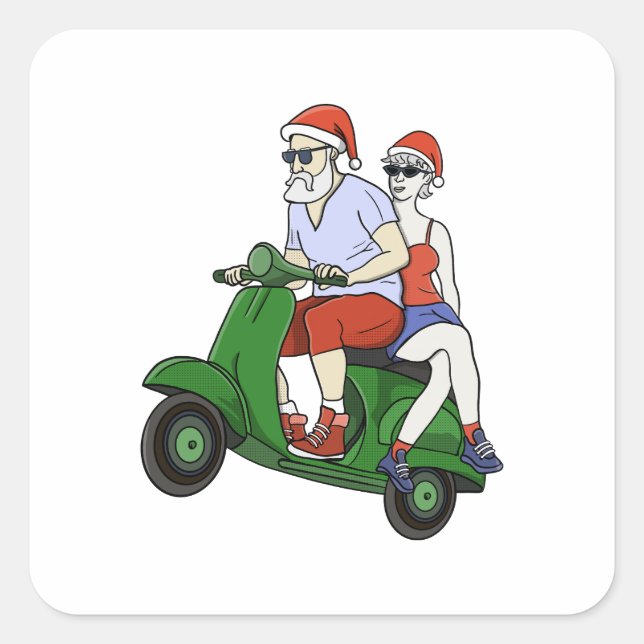 Santa and Mrs. Claus riding a scooter Square Sticker (Front)