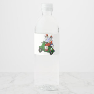 Santa and Mrs. Claus riding a scooter Water Bottle Label
