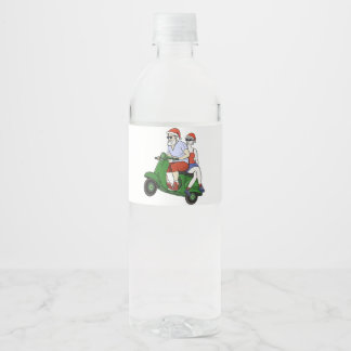 Santa and Mrs. Claus riding a scooter Water Bottle Label