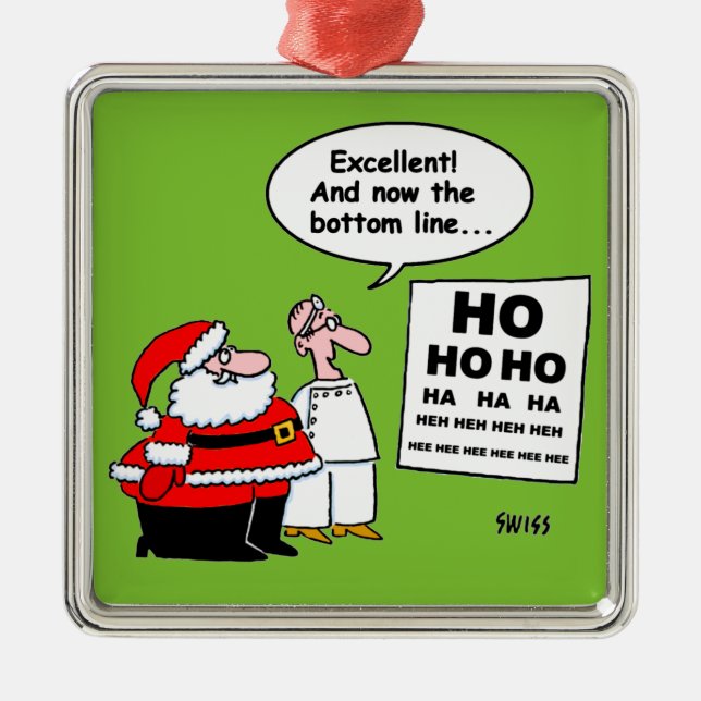Santa and Optometrist Eye Chart Cartoon Metal Ornament (Front)