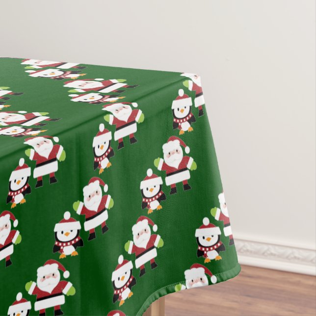 Santa and Penguin Holiday Tablecloth (In Situ)