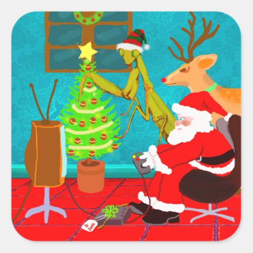 Santa  And Praying Mantis Quirky Christmas Square Sticker