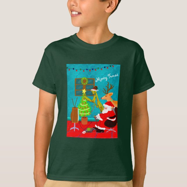 Santa And Praying Mantis Quirky Weird Christmas T-Shirt (Front)