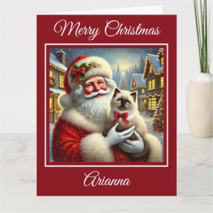 Santa and Ragdoll Kitten in Christmas Village Card